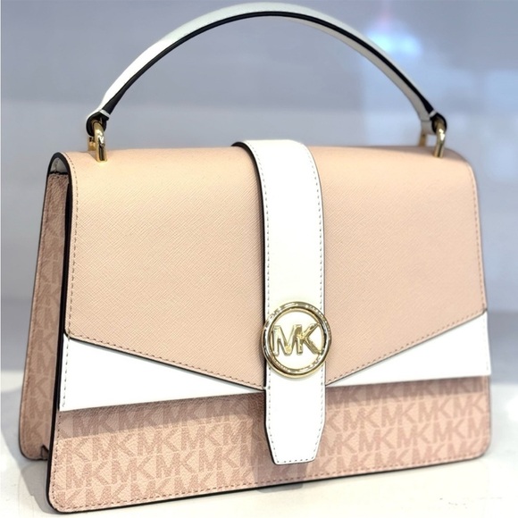 Michael Kors Greenwich Medium Signature Logo Satchel Bag Powder Blush Multi - Picture 3 of 7